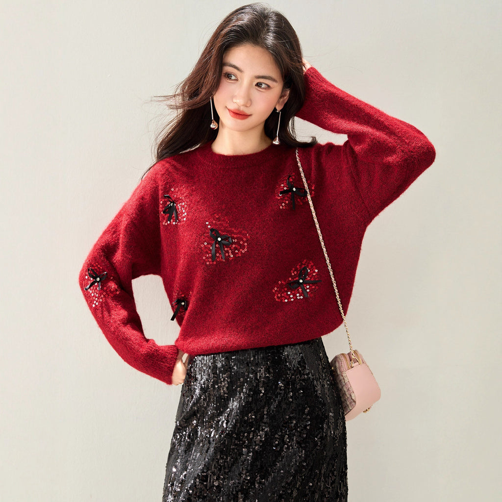 Chic Sequined Bow Christmas Red Sweater for Women, Knit Top, Autumn/Winter Fashion, Petite Style, Casual Wear