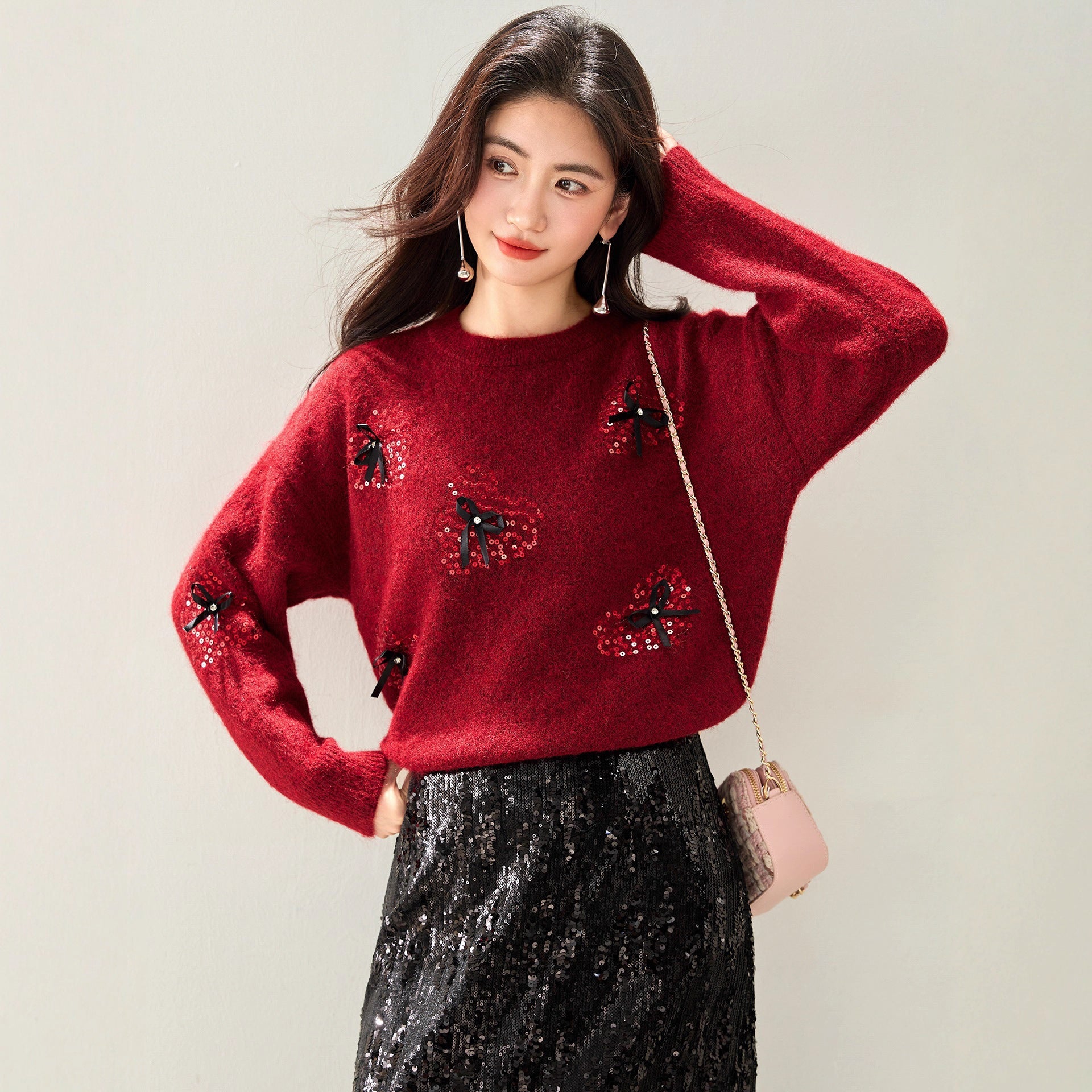 Chic Sequined Bow Christmas Red Sweater for Women, Knit Top, Autumn/Winter Fashion, Petite Style, Casual Wear