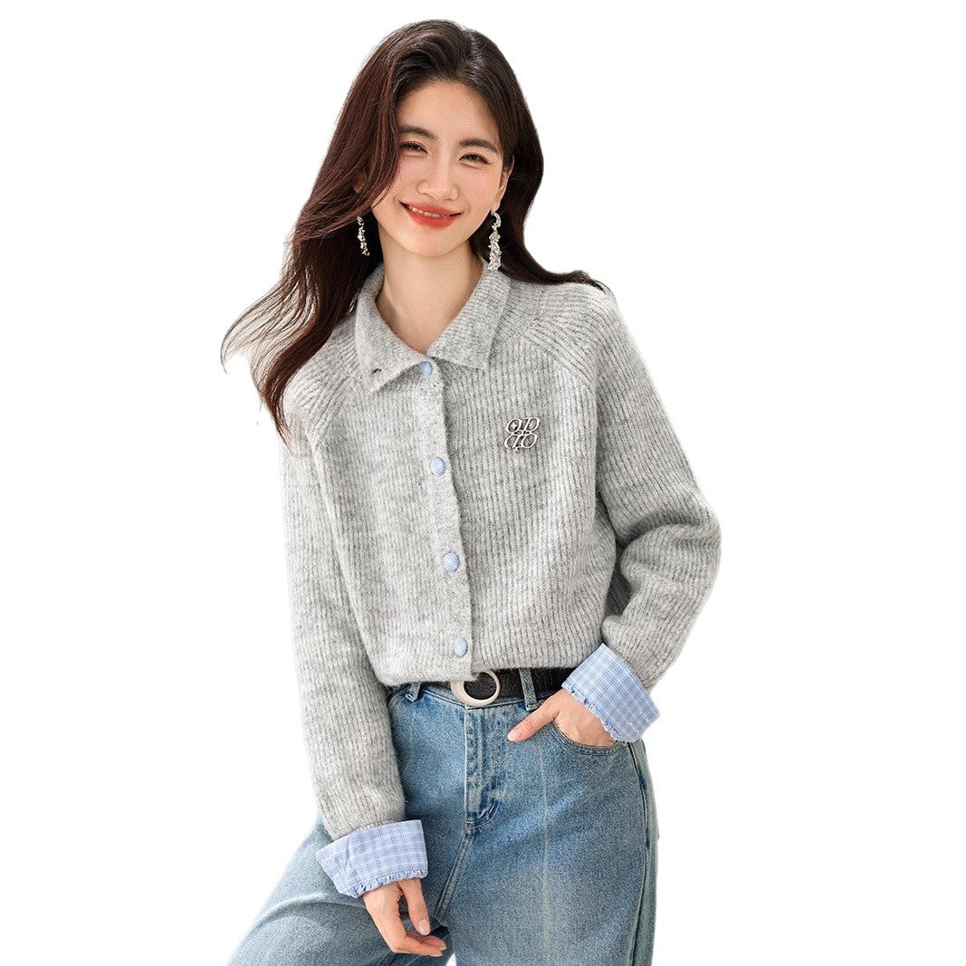 Laziness Feel Knitted Cardigan Women French Chic Style Soft Skin-Friendly Flower Gray Sweater Top