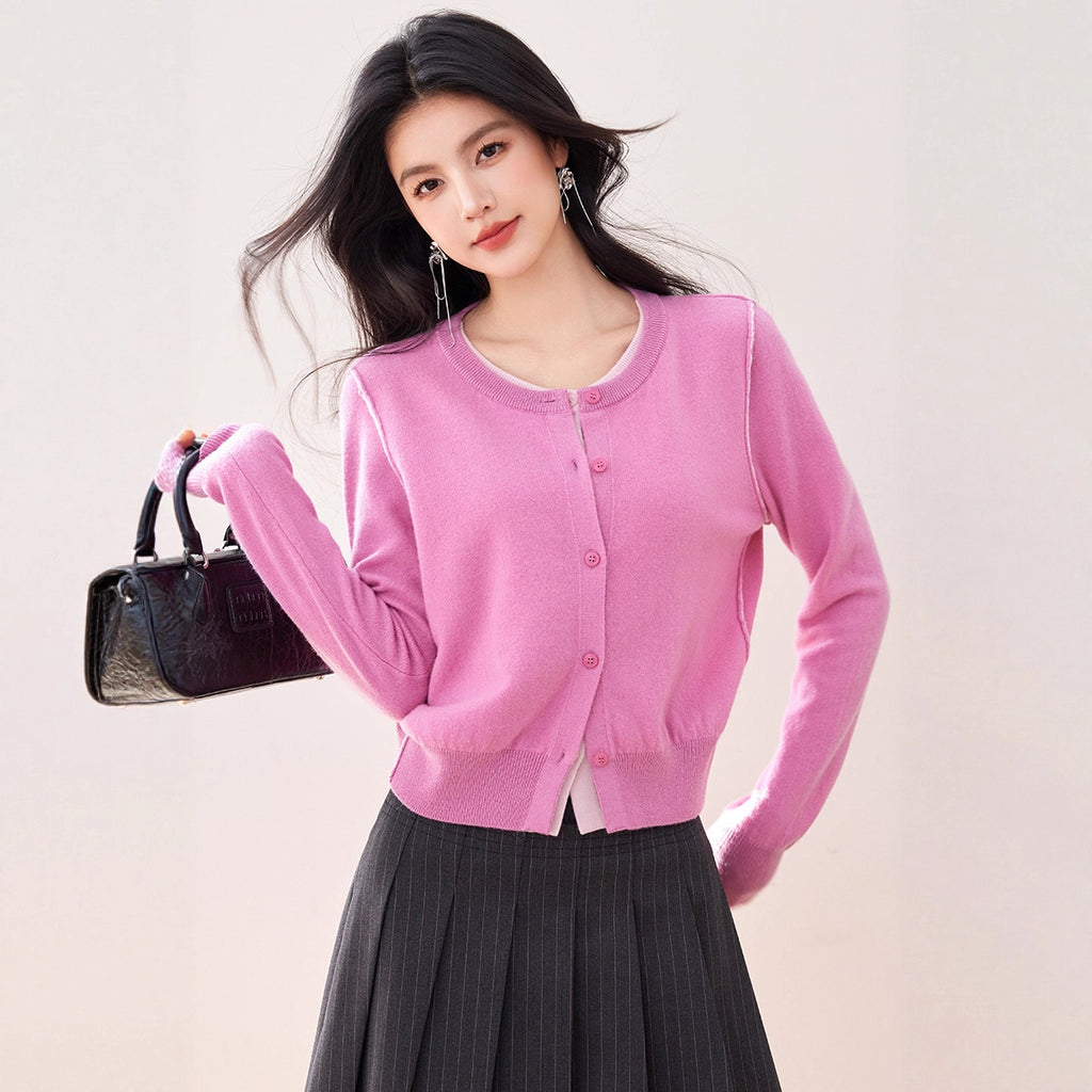 Faux Two-Piece Patchwork Long Sleeve Knit Cardigan Coat for Women, Early Autumn Design Sense, Unique Color-Blocking, Soft and Cozy Outerwear Top