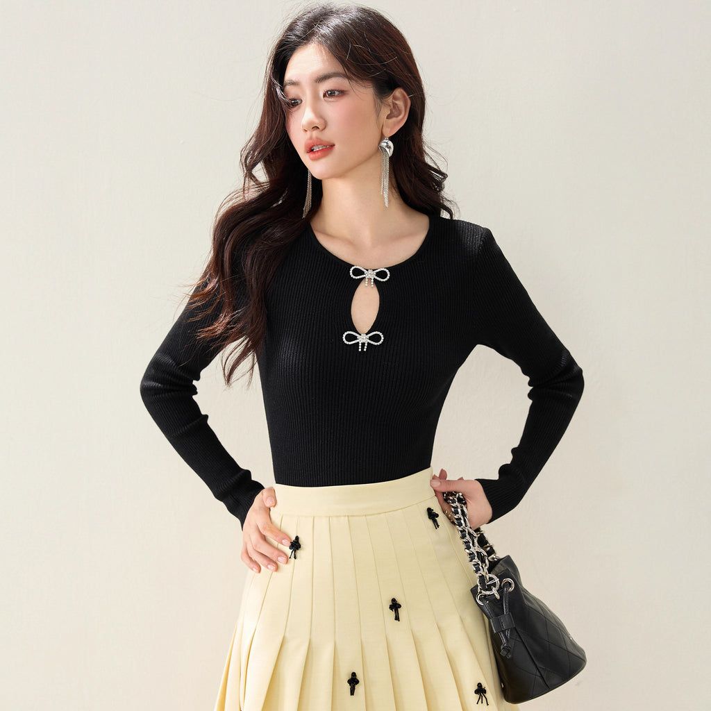 Chic Hollow-out Bow Black Knit Top for Women, Autumn/Winter New Design, Stylish Inner Layer, Fitted Long Sleeve Shirt