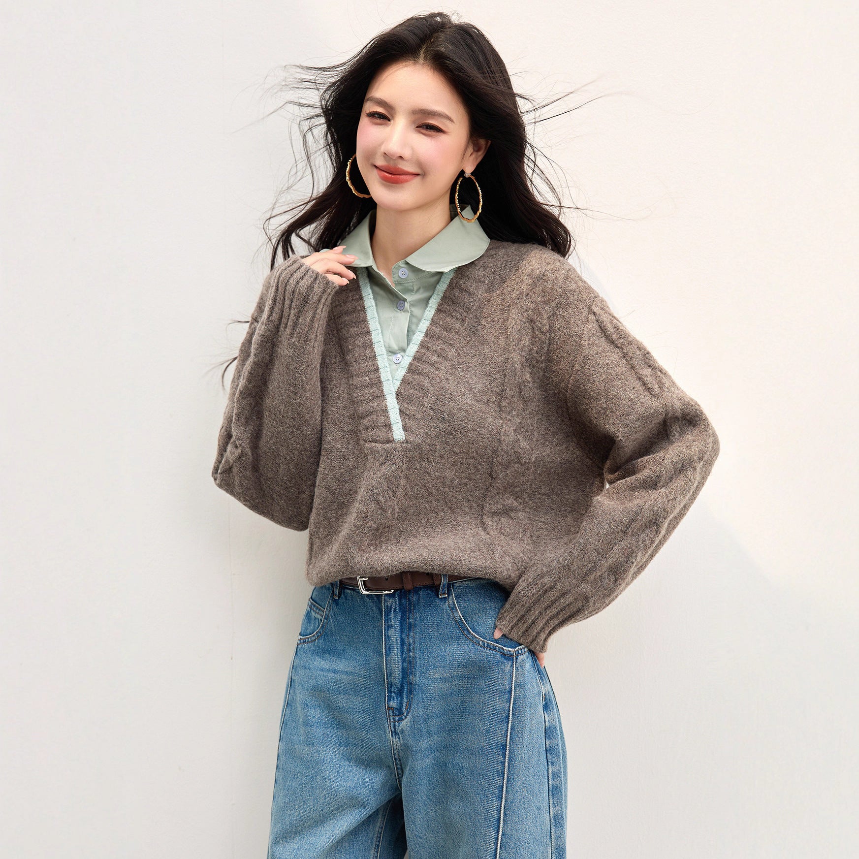 Faux Two-Piece Polo Neck Regular Shoulder Vintage Sweater Women's Knit Top