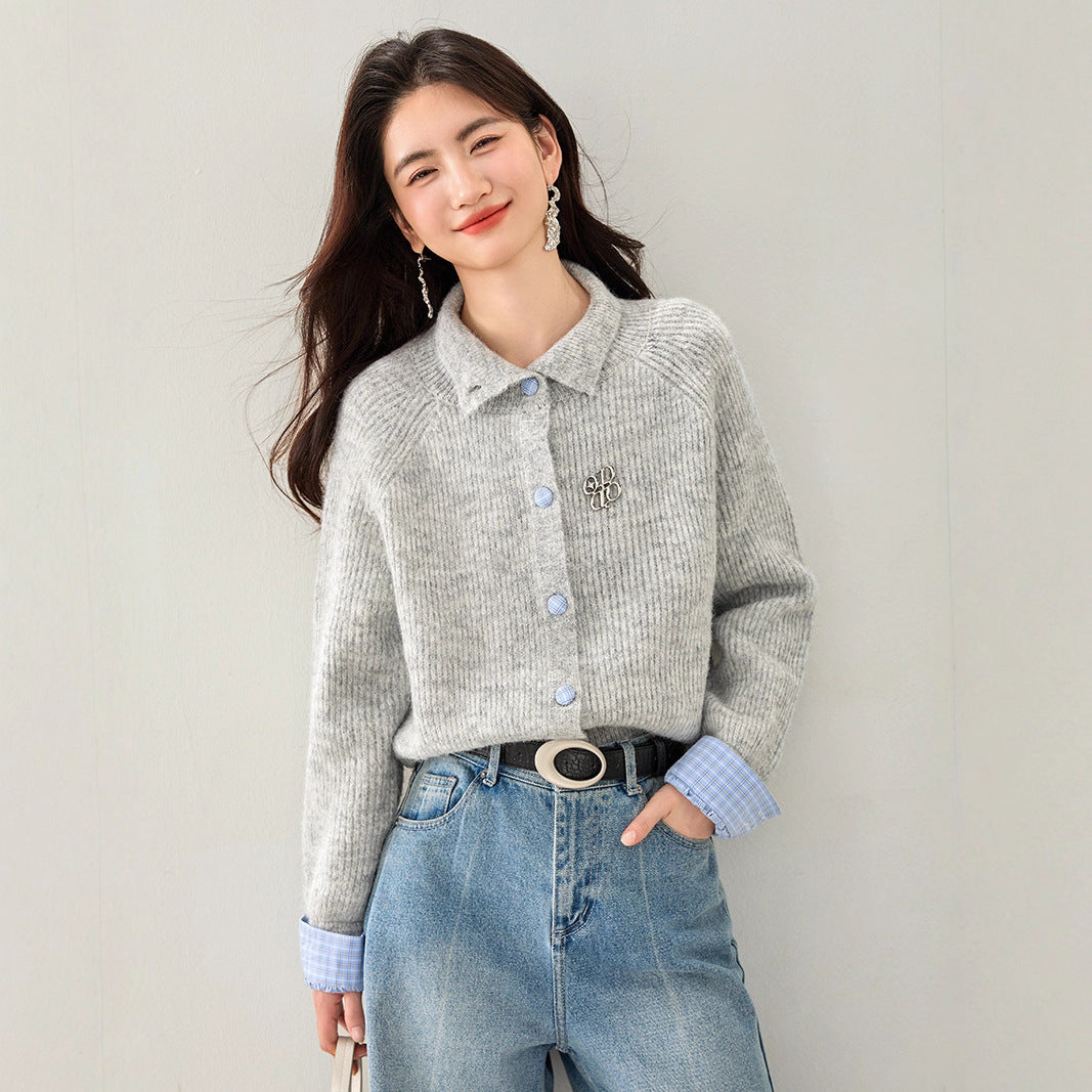 Laziness Feel Knitted Cardigan Women French Chic Style Soft Skin-Friendly Flower Gray Sweater Top