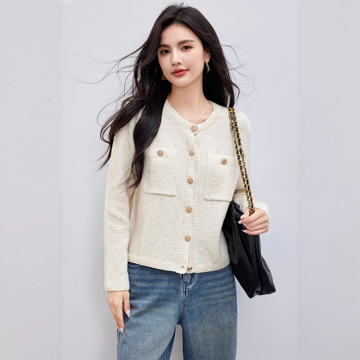 Chic Knit Cardigan Women Autumn New Vintage Round Neck High-Quality Short Sleeve Long Sleeve Outerwear Sweater