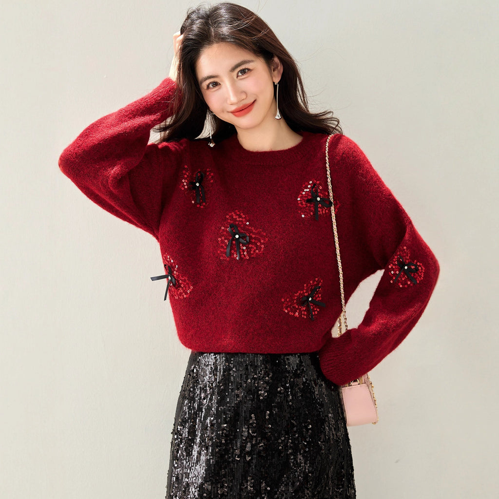 Chic Sequined Bow Christmas Red Sweater for Women, Knit Top, Autumn/Winter Fashion, Petite Style, Casual Wear
