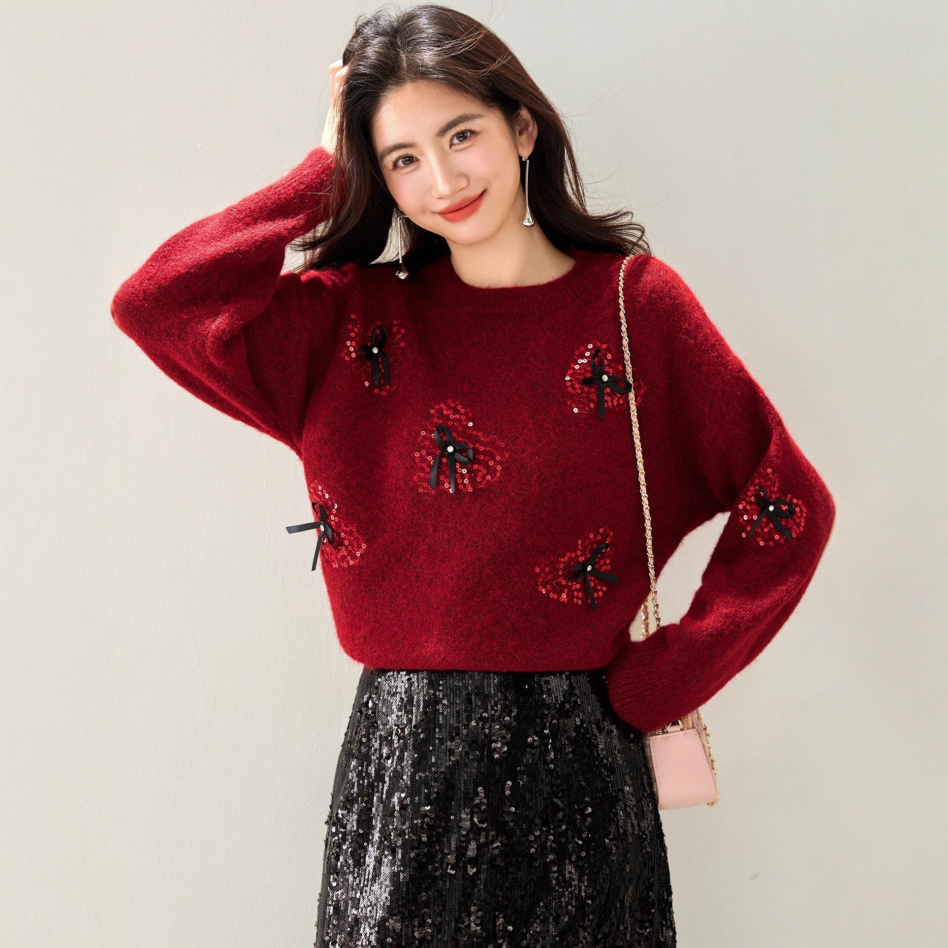 Chic Sequined Bow Christmas Red Sweater for Women, Knit Top, Autumn/Winter Fashion, Petite Style, Casual Wear