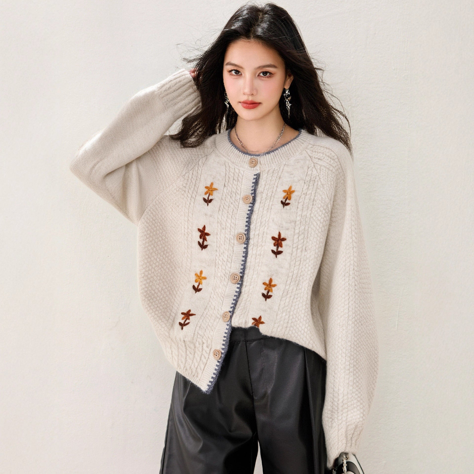 style soft and luxurious round neck floral embroidered cardigan sweater jacket for women, spring and autumn casual style outfit top