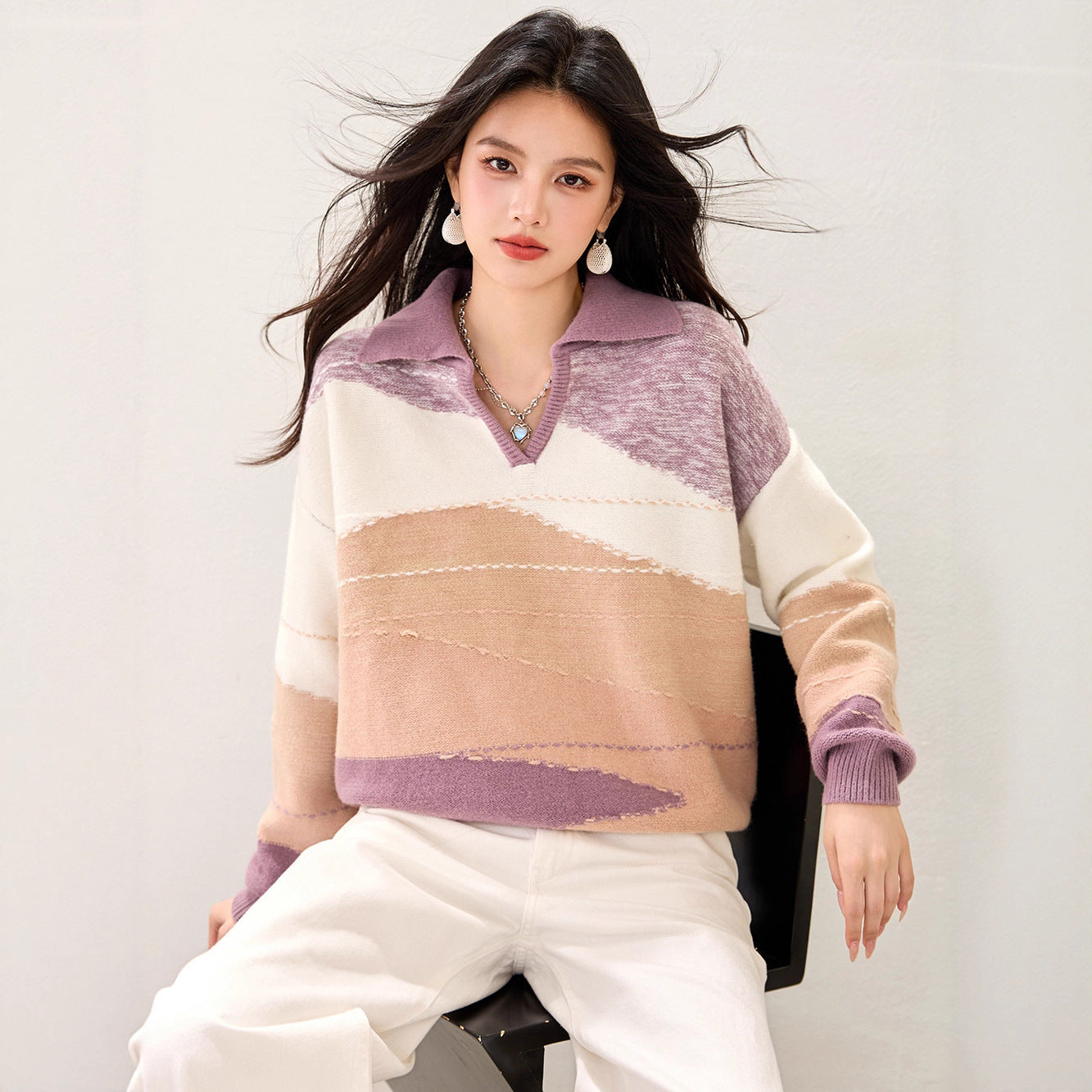 Fashionable V-neck Soft Knit Sweater for Women, Casual Loose Oversized Color-blocked Knit Top, Autumn/Winter Wear