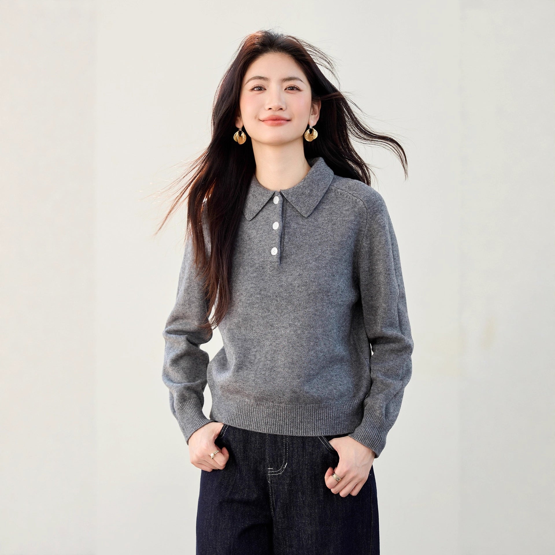 Style Early Autumn Knitwear Women's Polo Neck Thick Long Sleeve Sweater Short Crop Top for Petite Women