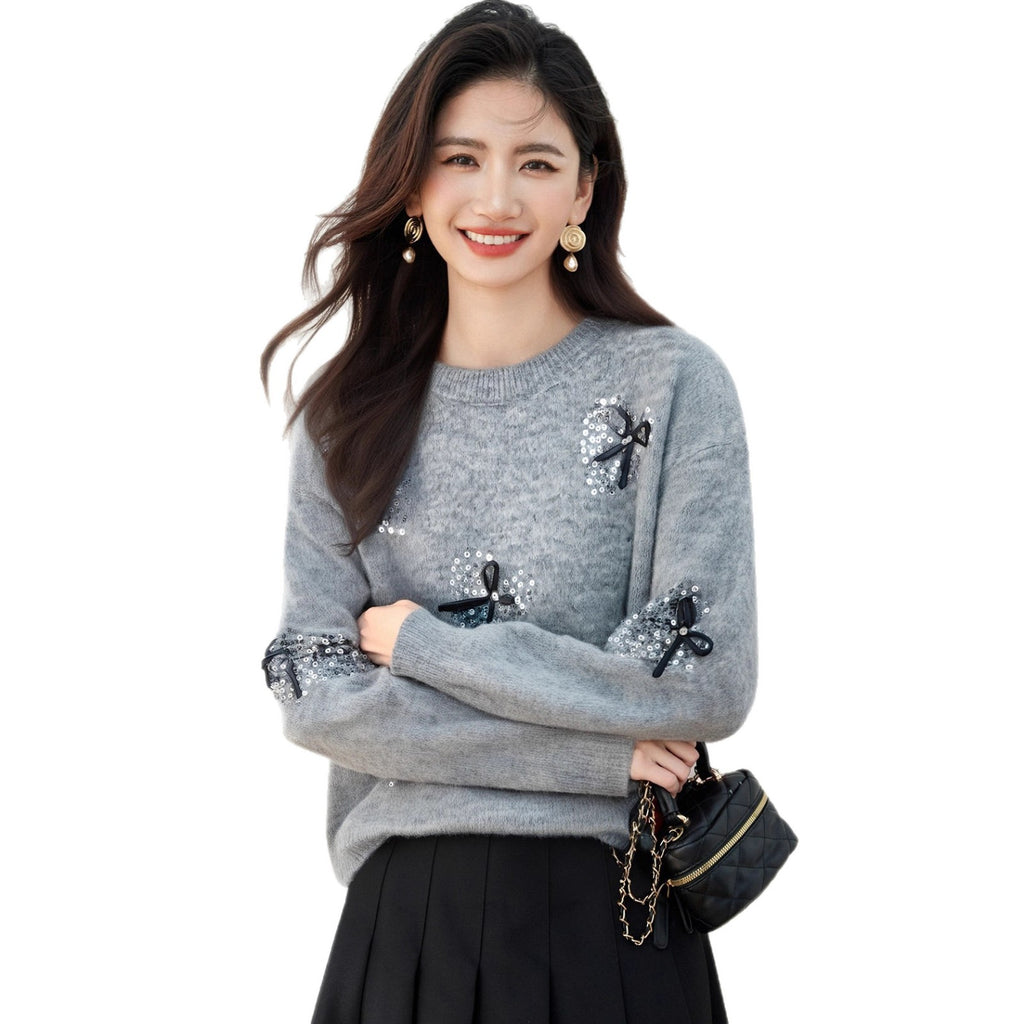 Chic Sequined Bow Christmas Red Sweater for Women, Knit Top, Autumn/Winter Fashion, Petite Style, Casual Wear