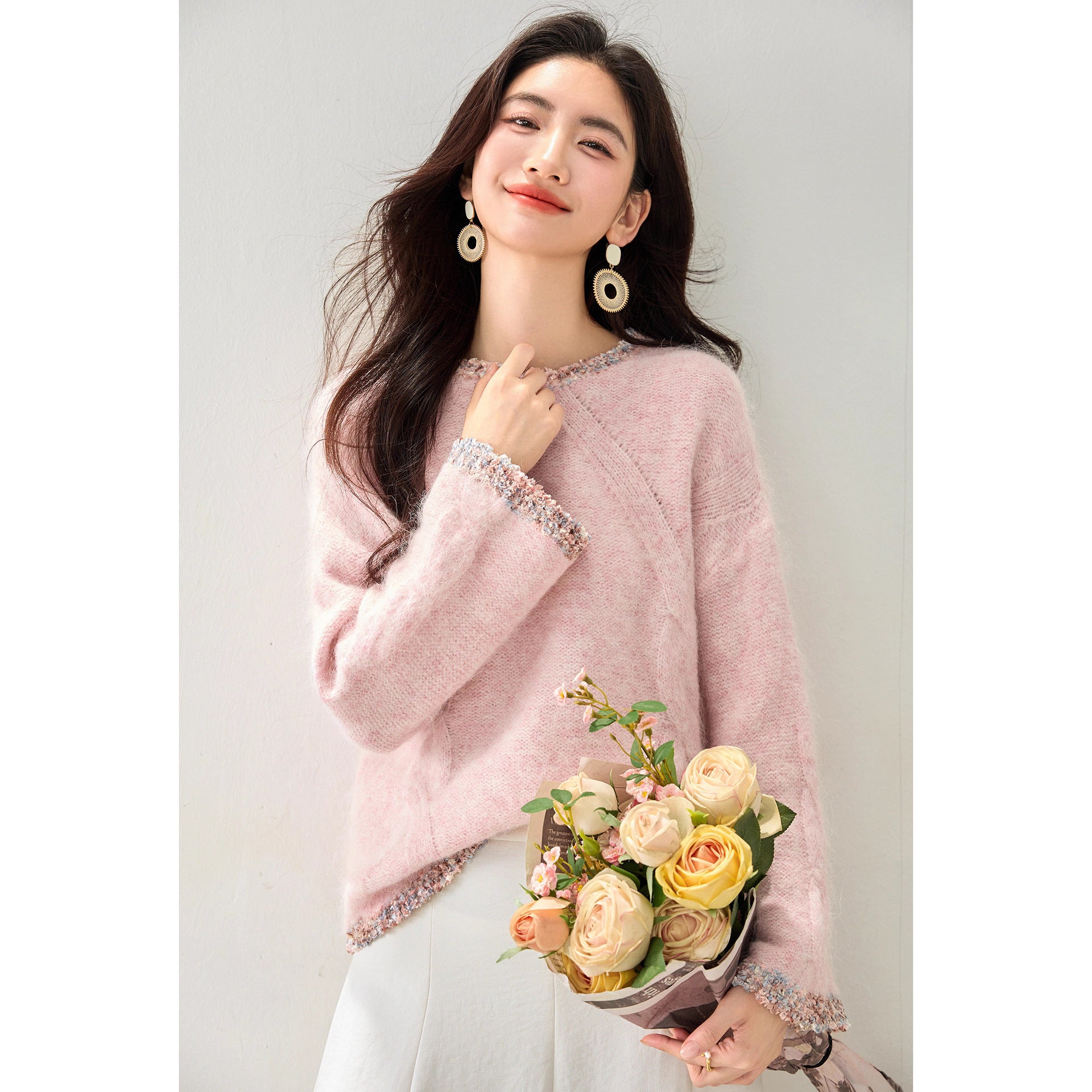 Fashion Round Neck Long Sleeve Knit Sweater for Women Autumn Casual Versatile Slim Fit Outerwear Top