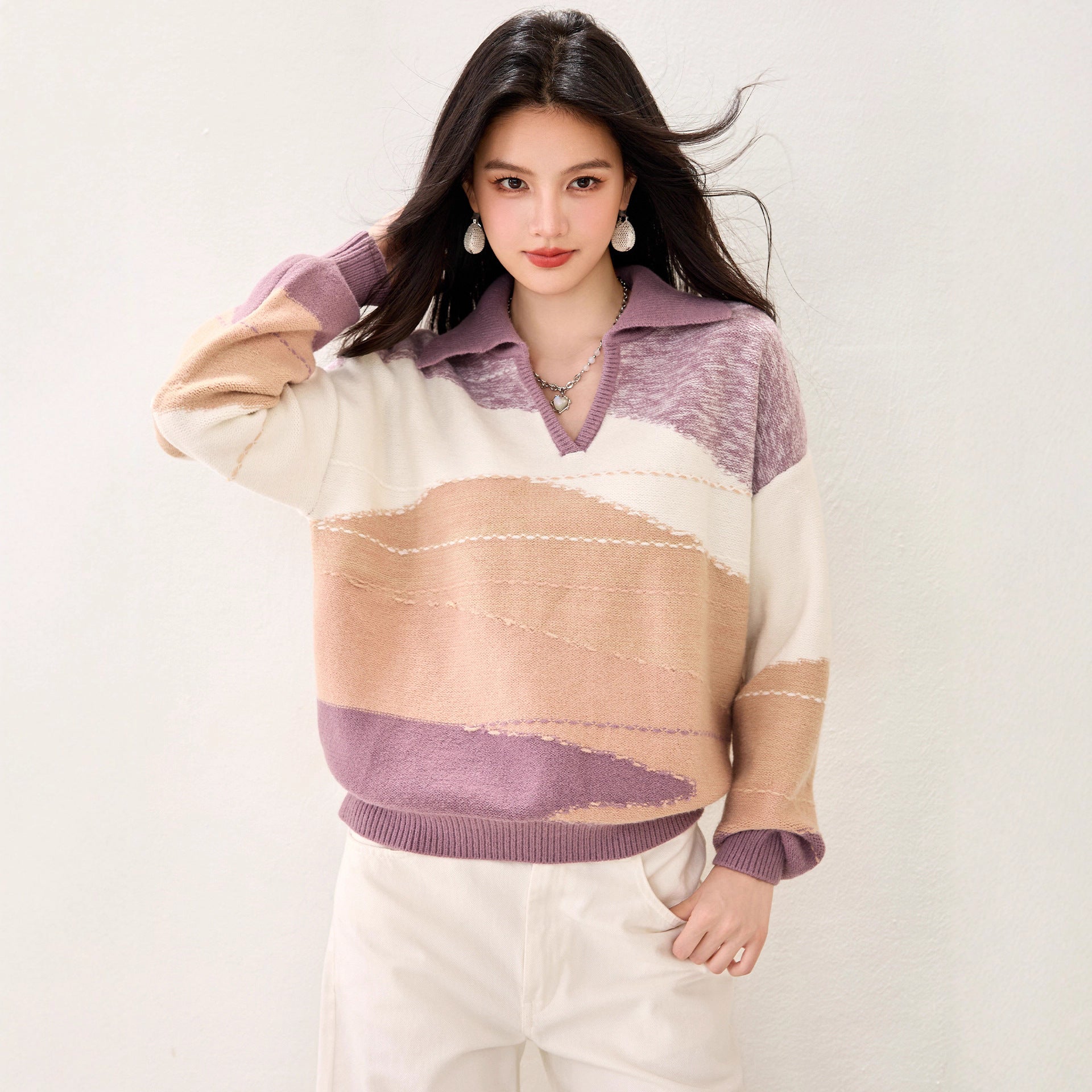 Fashionable V-neck Soft Knit Sweater for Women, Casual Loose Oversized Color-blocked Knit Top, Autumn/Winter Wear