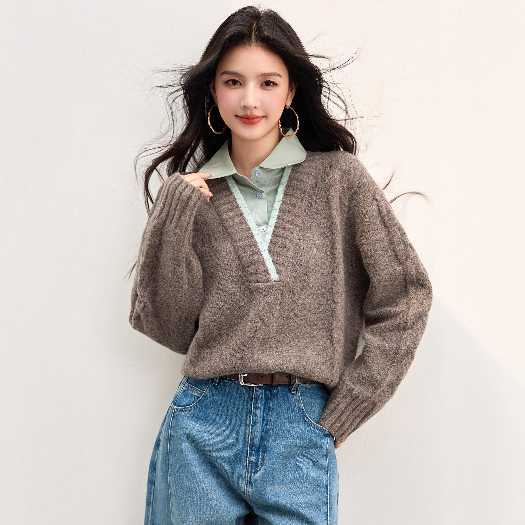 Faux Two-Piece Polo Neck Regular Shoulder Vintage Sweater Women's Knit Top