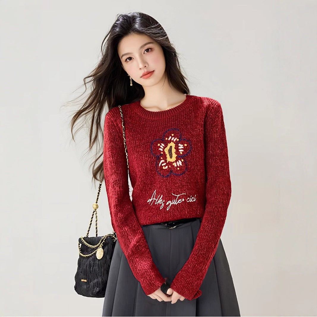 Style Early Autumn Casual Long Sleeve Knit Sweater Women Loose Slimming Red Autumn Top