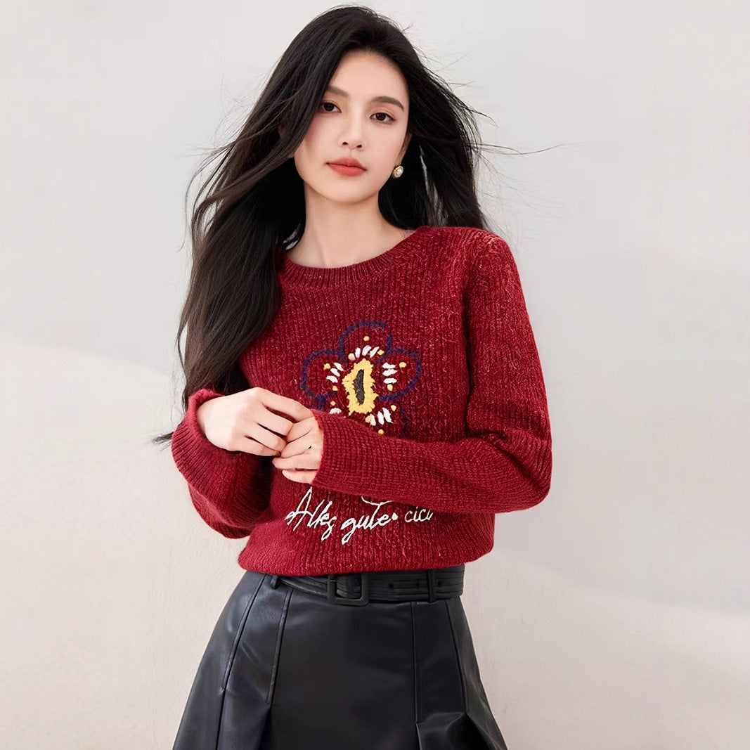 Style Early Autumn Casual Long Sleeve Knit Sweater Women Loose Slimming Red Autumn Top