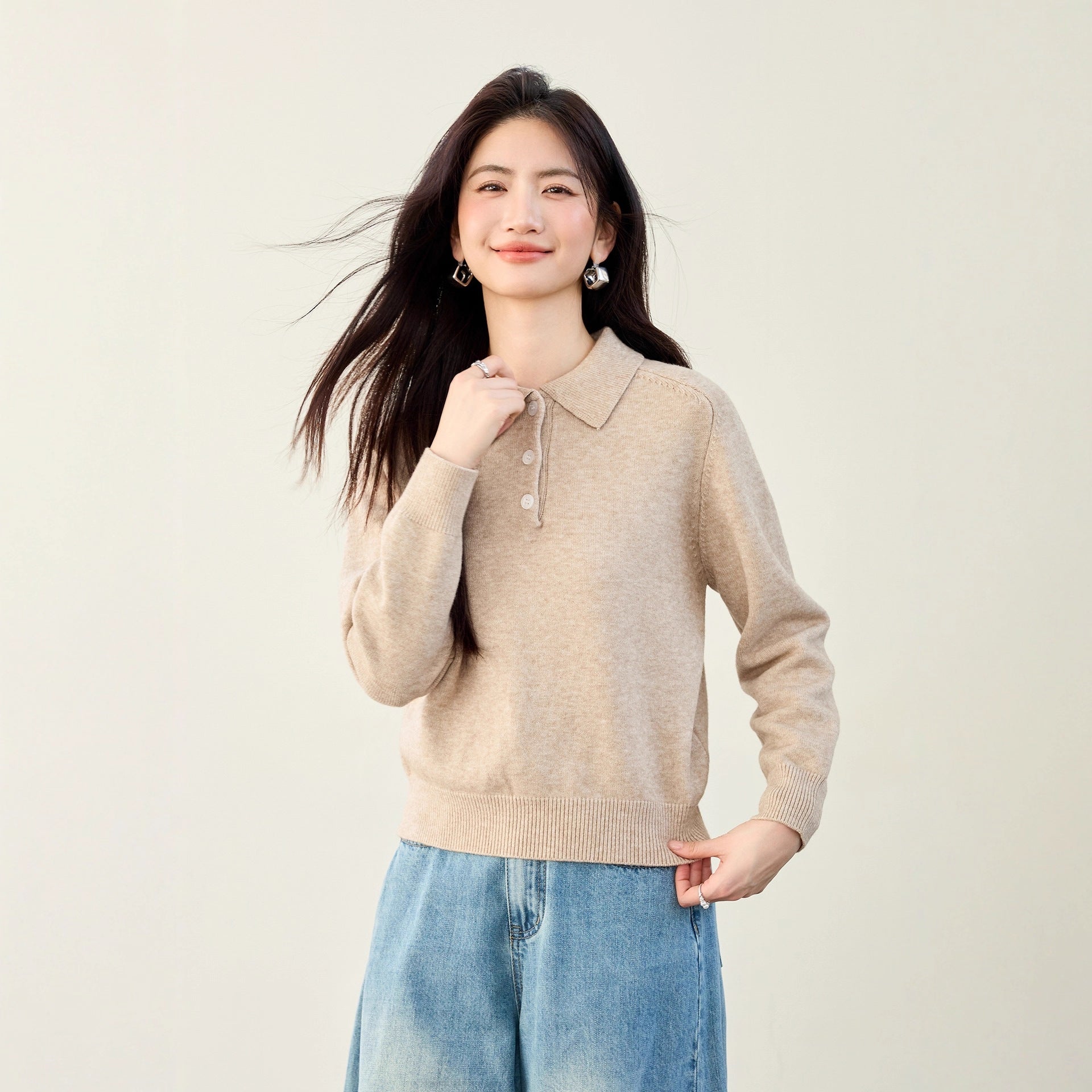 Style Early Autumn Knitwear Women's Polo Neck Thick Long Sleeve Sweater Short Crop Top for Petite Women