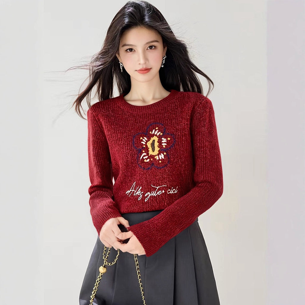 Style Early Autumn Casual Long Sleeve Knit Sweater Women Loose Slimming Red Autumn Top