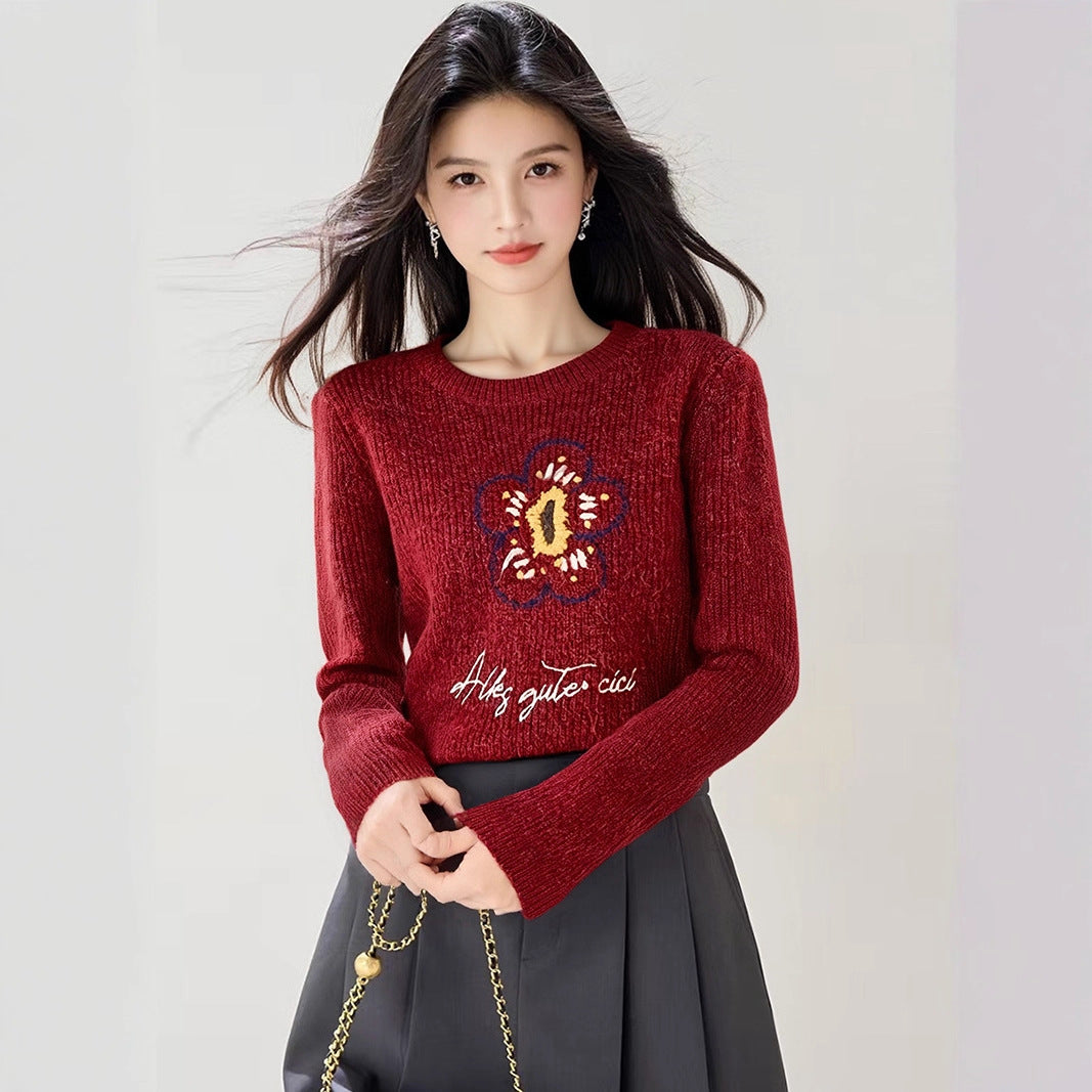 Style Early Autumn Casual Long Sleeve Knit Sweater Women Loose Slimming Red Autumn Top