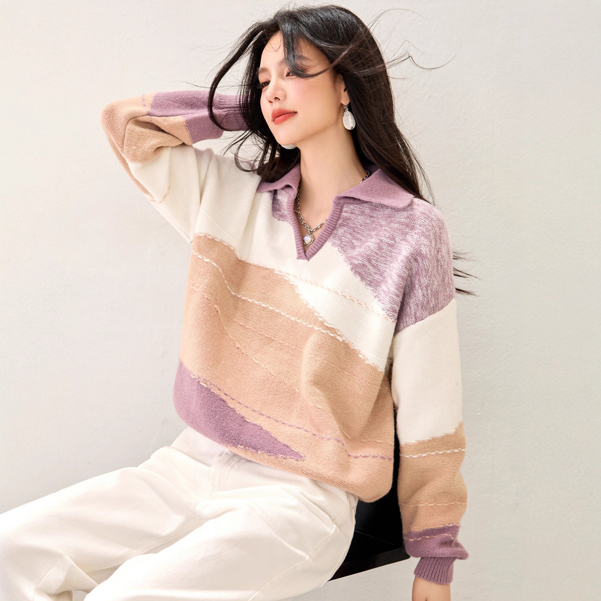Fashionable V-neck Soft Knit Sweater for Women, Casual Loose Oversized Color-blocked Knit Top, Autumn/Winter Wear