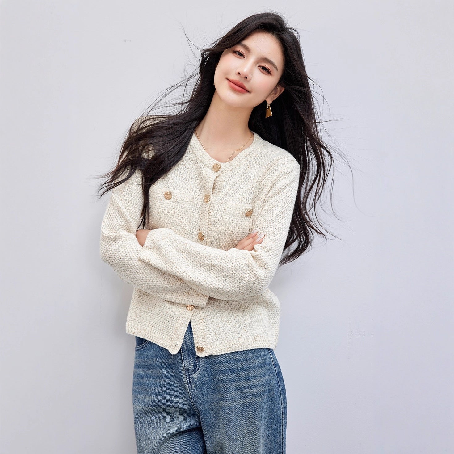 Chic Knit Cardigan Women Autumn New Vintage Round Neck High-Quality Short Sleeve Long Sleeve Outerwear Sweater