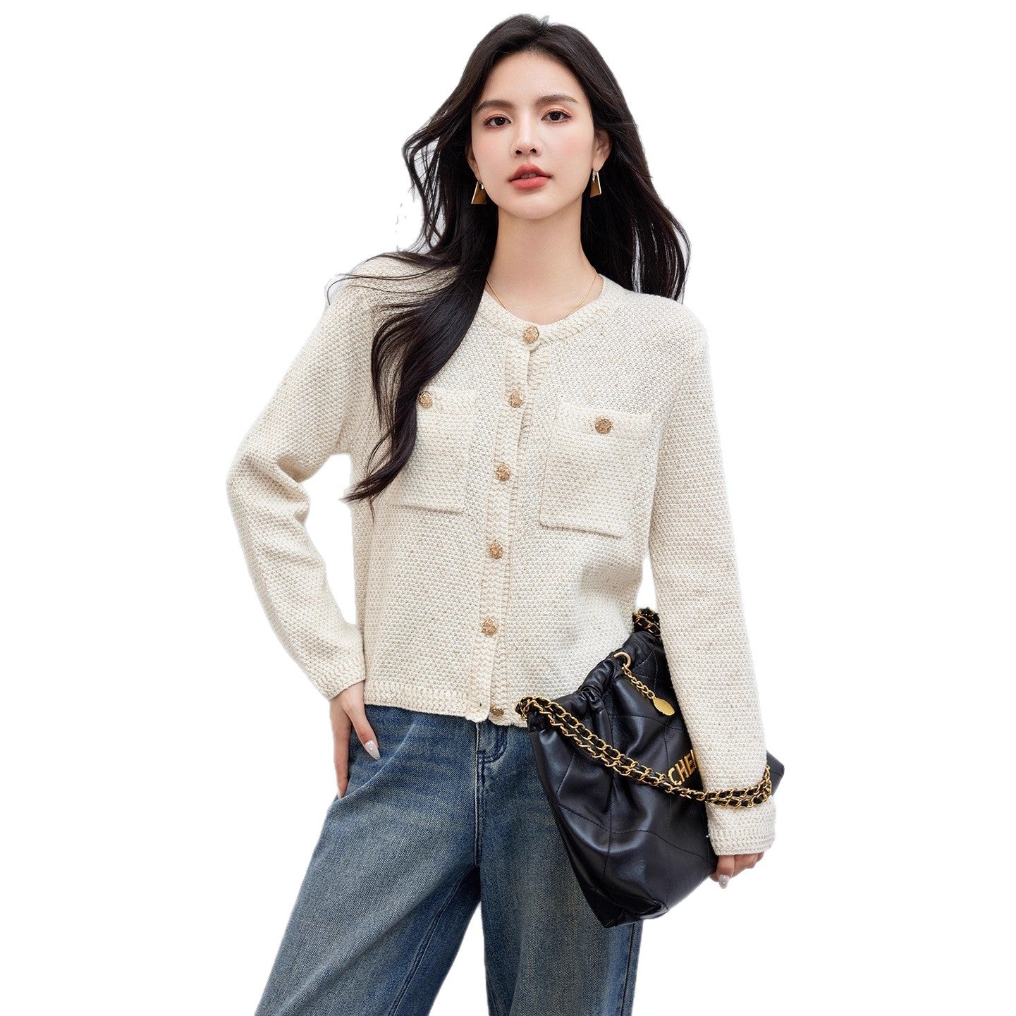 Chic Knit Cardigan Women Autumn New Vintage Round Neck High-Quality Short Sleeve Long Sleeve Outerwear Sweater