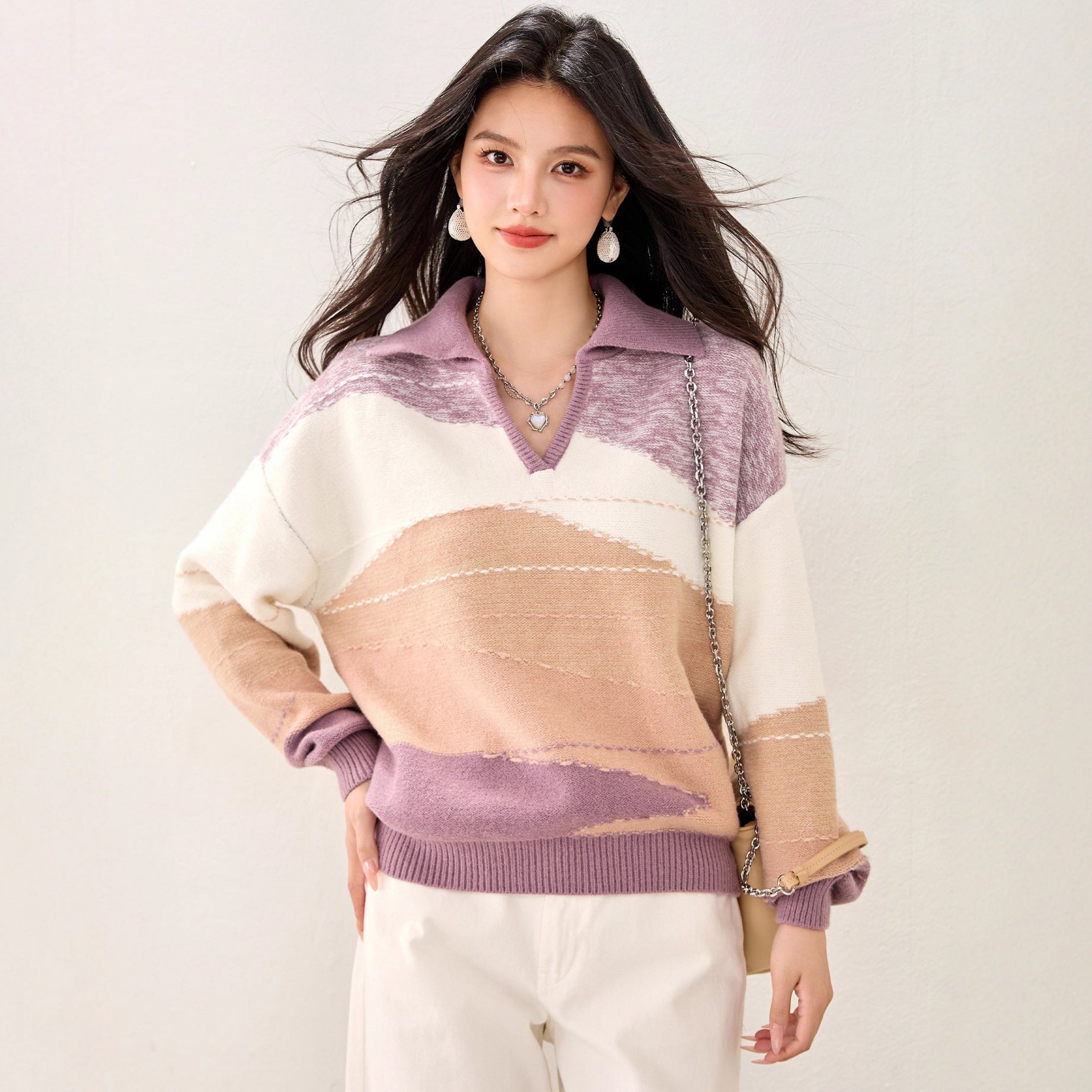 Fashionable V-neck Soft Knit Sweater for Women, Casual Loose Oversized Color-blocked Knit Top, Autumn/Winter Wear