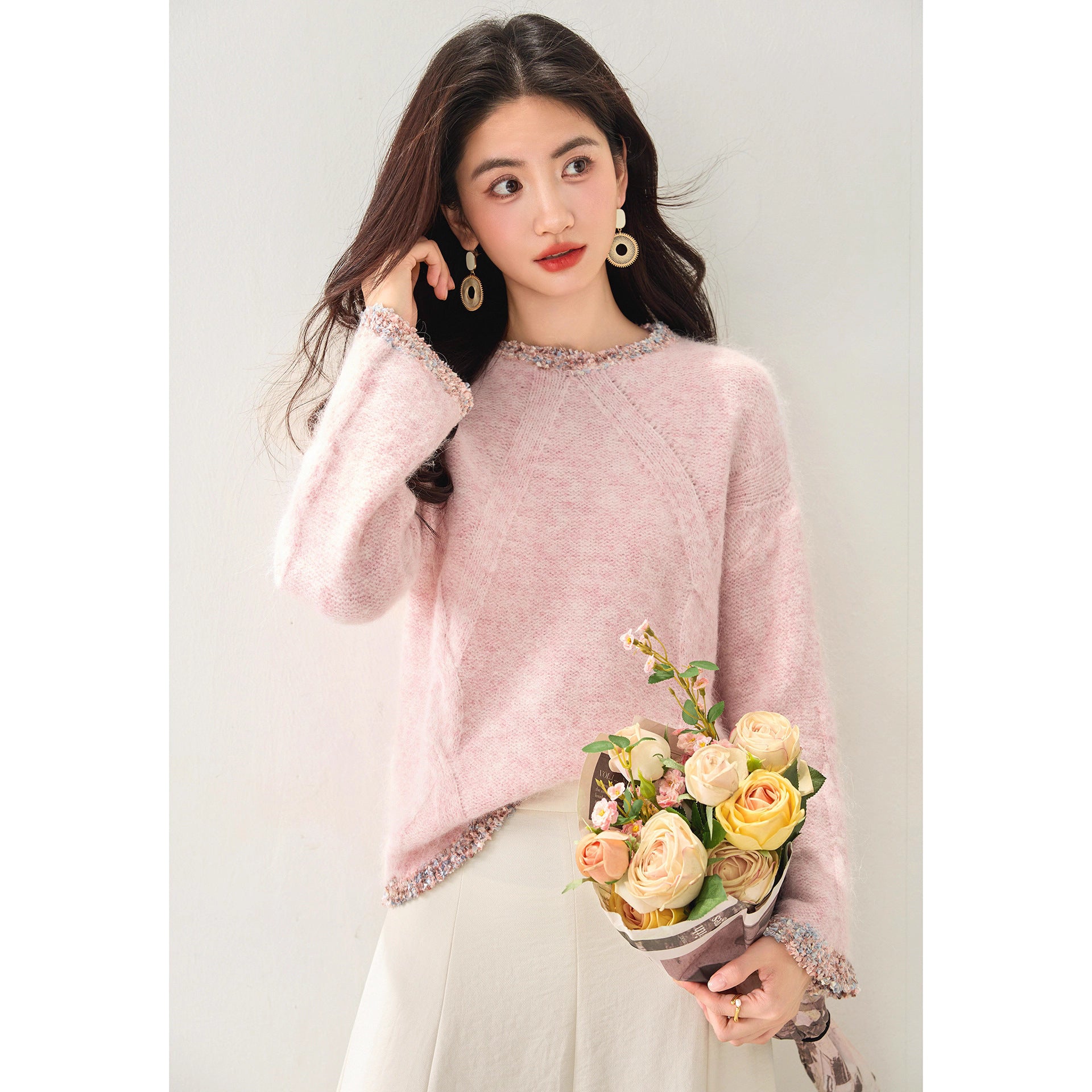 Fashion Round Neck Long Sleeve Knit Sweater for Women Autumn Casual Versatile Slim Fit Outerwear Top