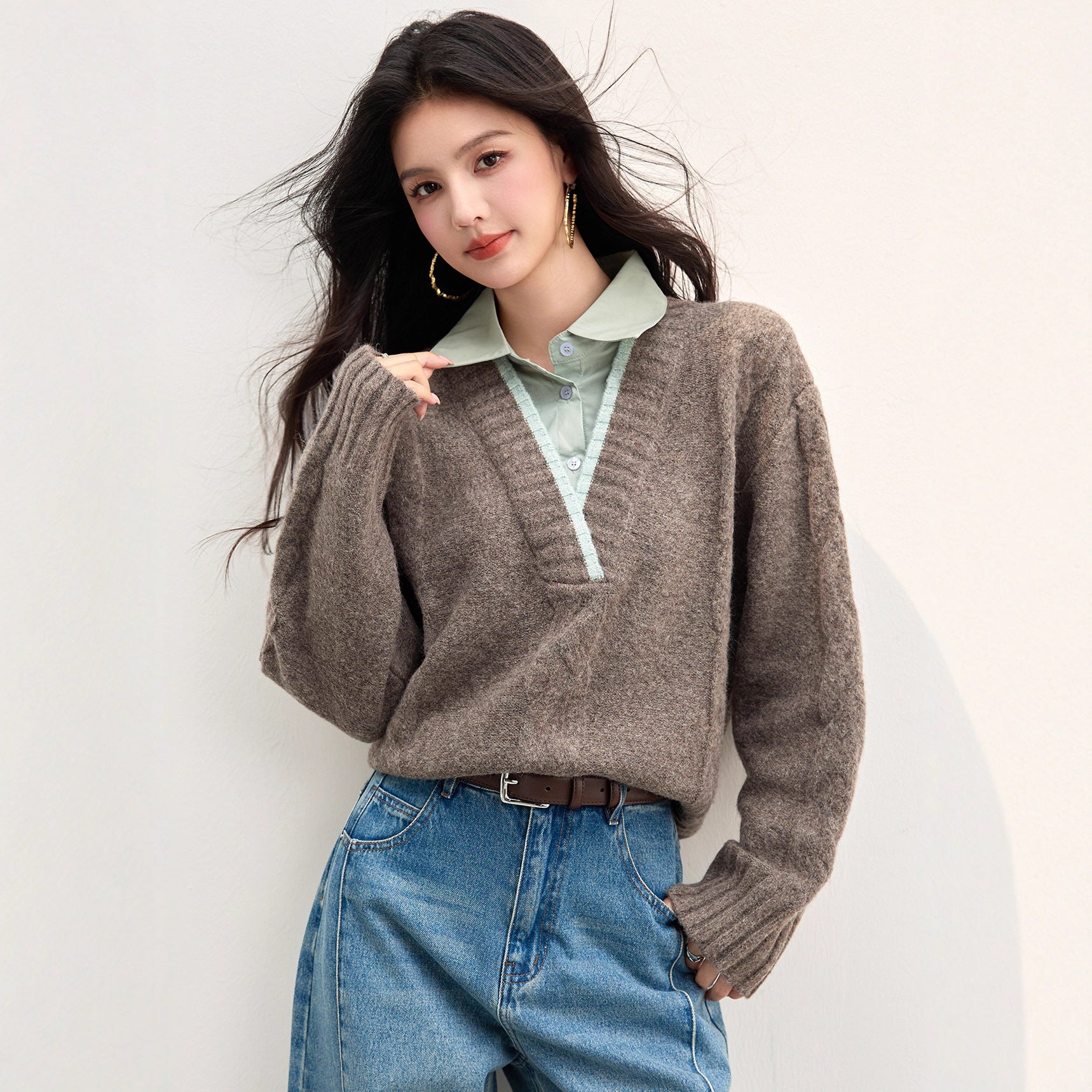 Faux Two-Piece Polo Neck Regular Shoulder Vintage Sweater Women's Knit Top