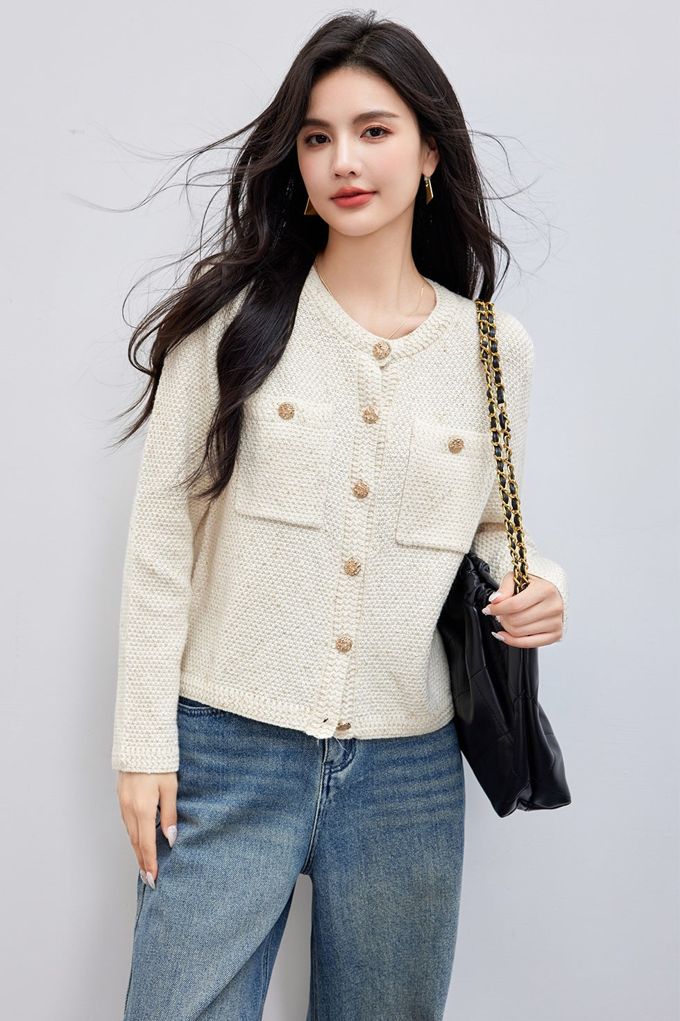 Chic Knit Cardigan Women Autumn New Vintage Round Neck High-Quality Short Sleeve Long Sleeve Outerwear Sweater