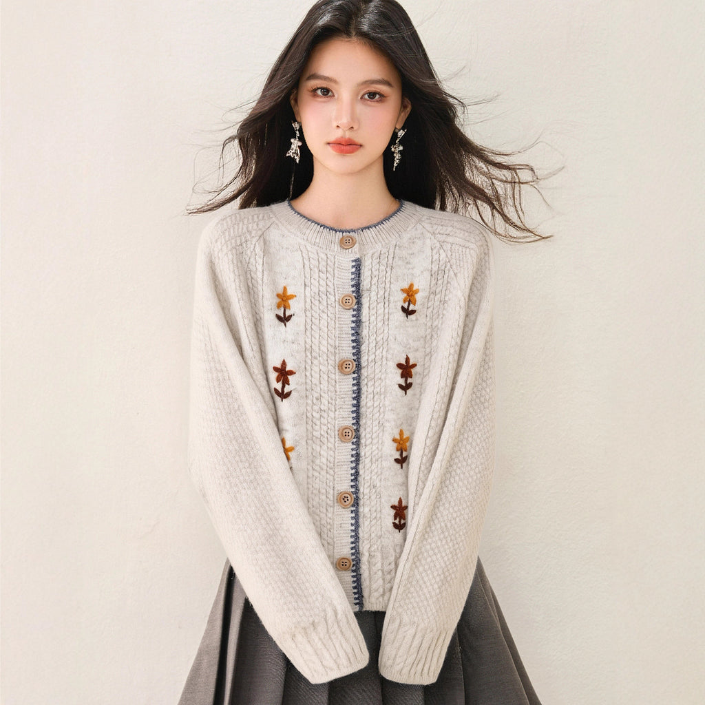 style soft and luxurious round neck floral embroidered cardigan sweater jacket for women, spring and autumn casual style outfit top
