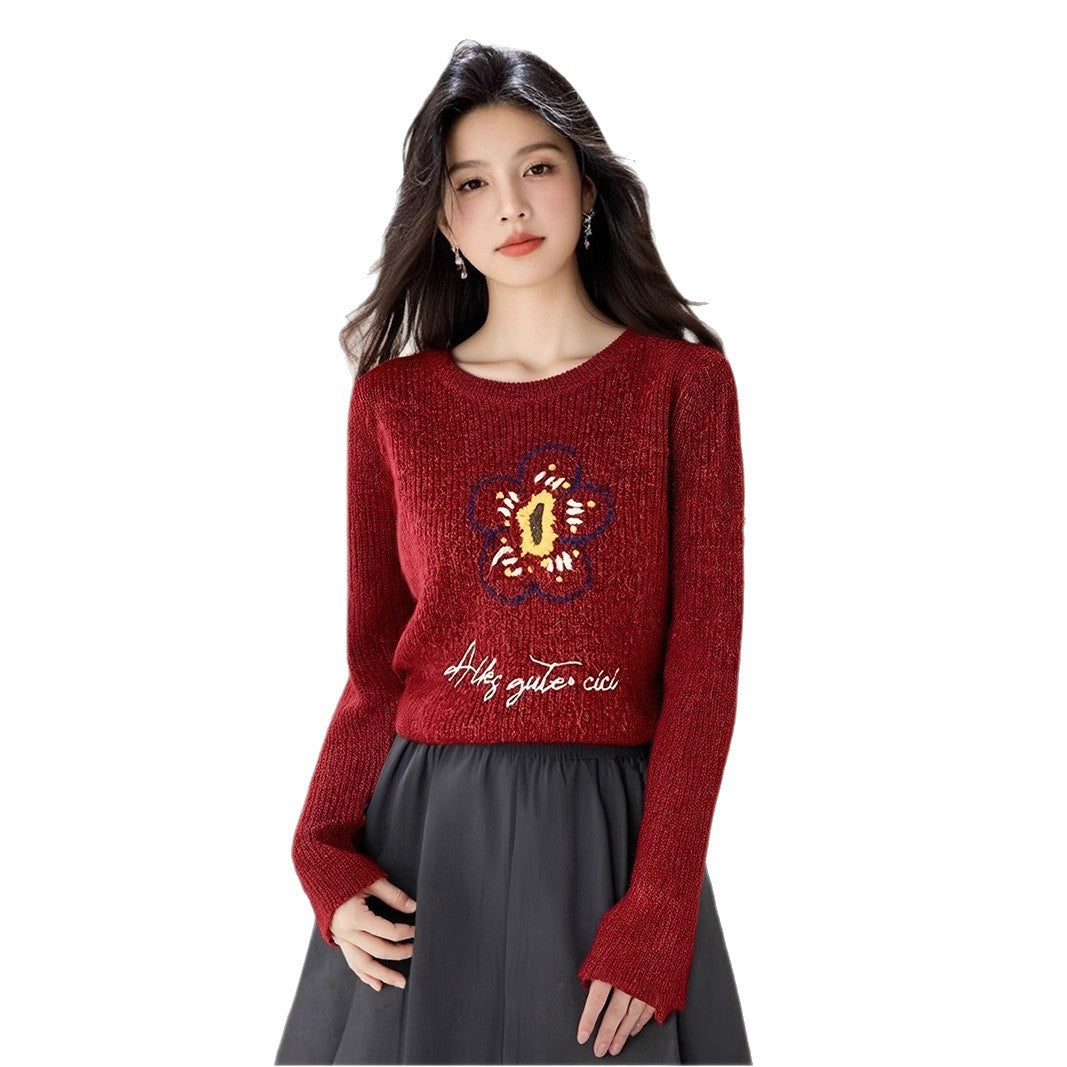 Style Early Autumn Casual Long Sleeve Knit Sweater Women Loose Slimming Red Autumn Top