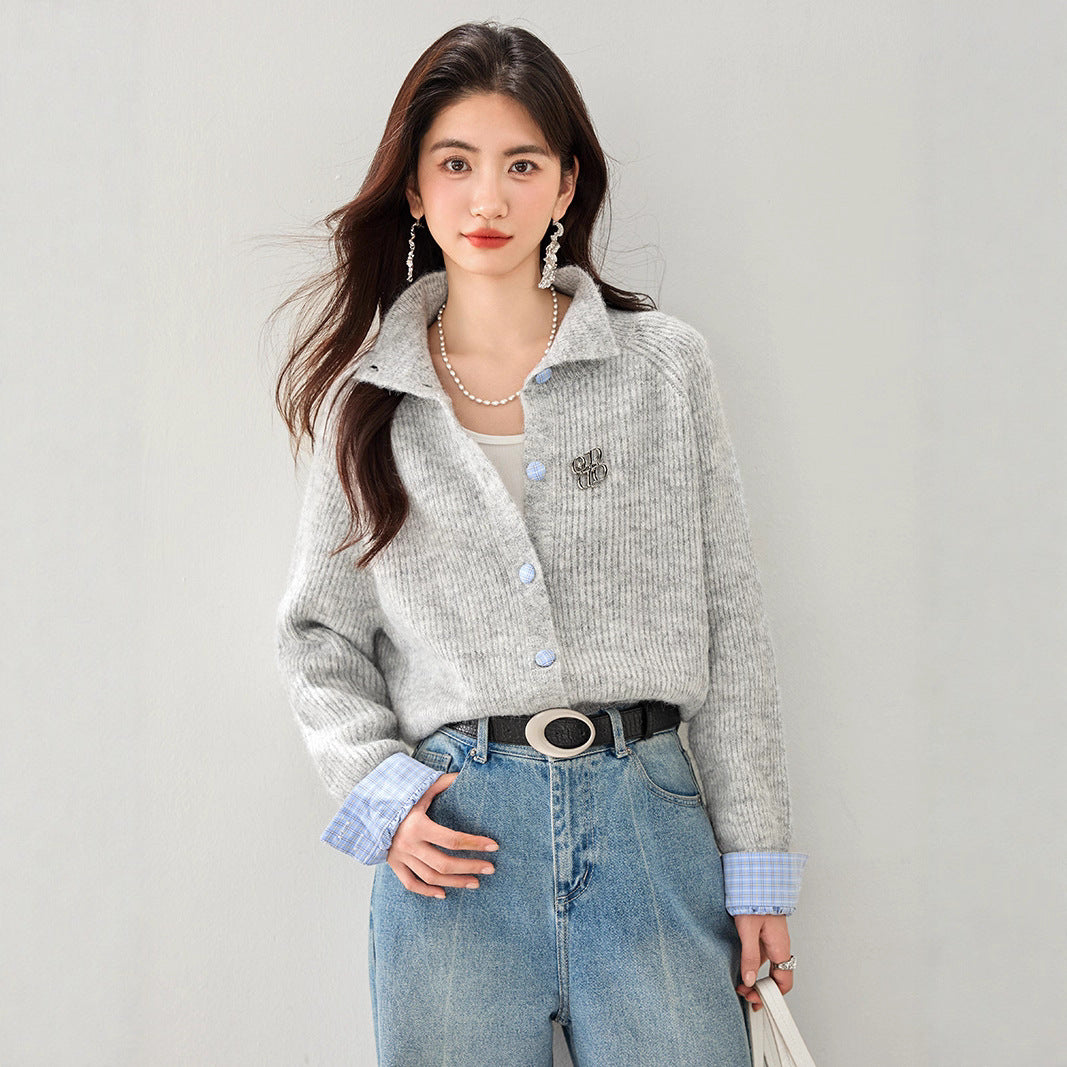 Laziness Feel Knitted Cardigan Women French Chic Style Soft Skin-Friendly Flower Gray Sweater Top