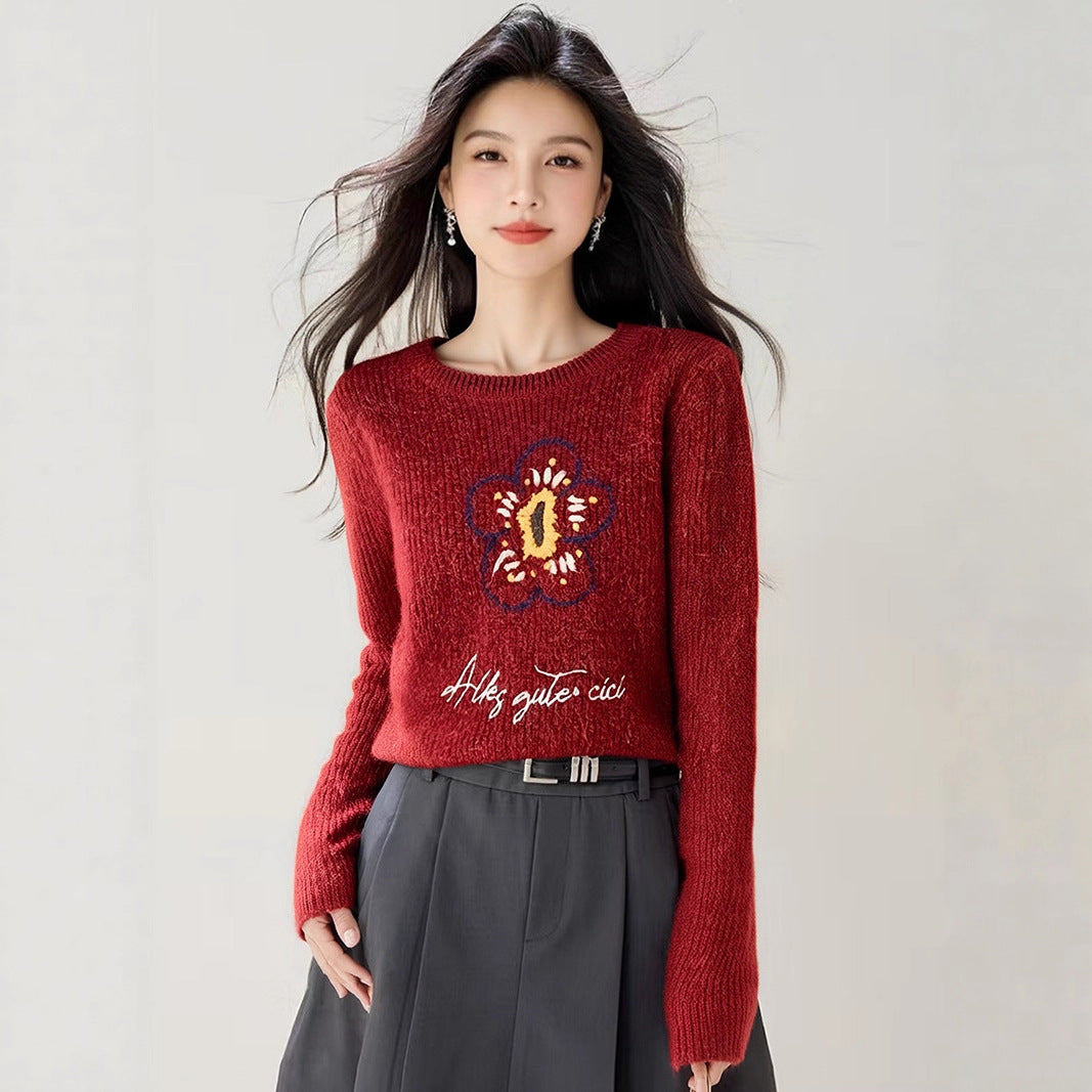 Style Early Autumn Casual Long Sleeve Knit Sweater Women Loose Slimming Red Autumn Top