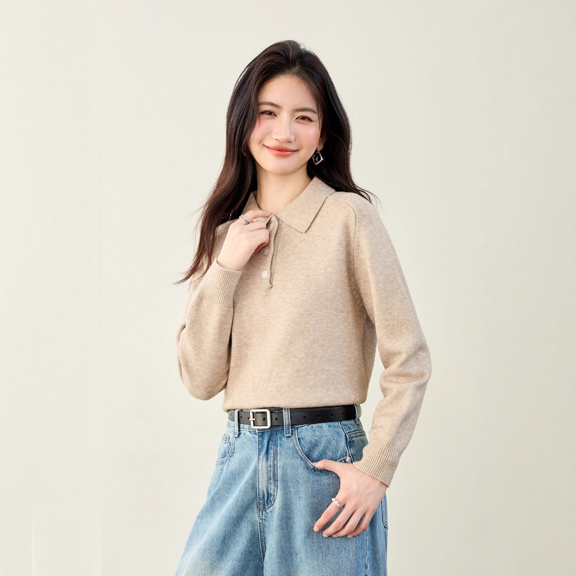 Style Early Autumn Knitwear Women's Polo Neck Thick Long Sleeve Sweater Short Crop Top for Petite Women