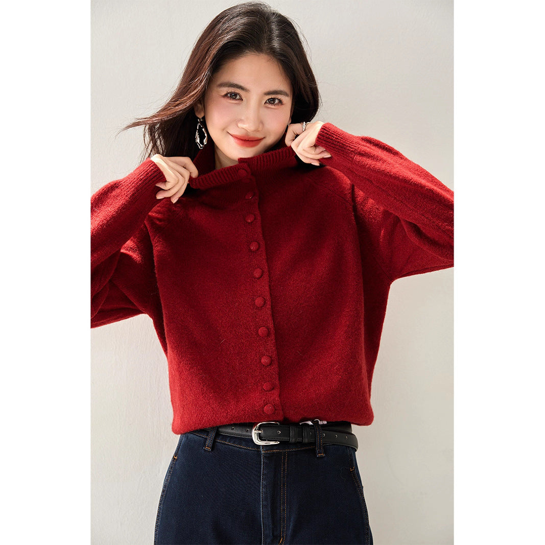 High Neck Knit Cardigan Women Retro  Style Lazy Fashion Loose Sweater Coat