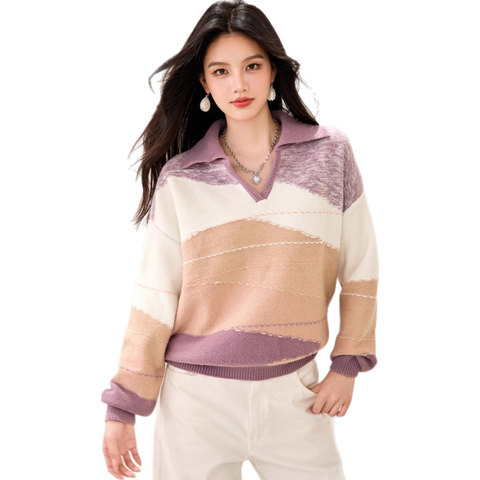 Fashionable V-neck Soft Knit Sweater for Women, Casual Loose Oversized Color-blocked Knit Top, Autumn/Winter Wear