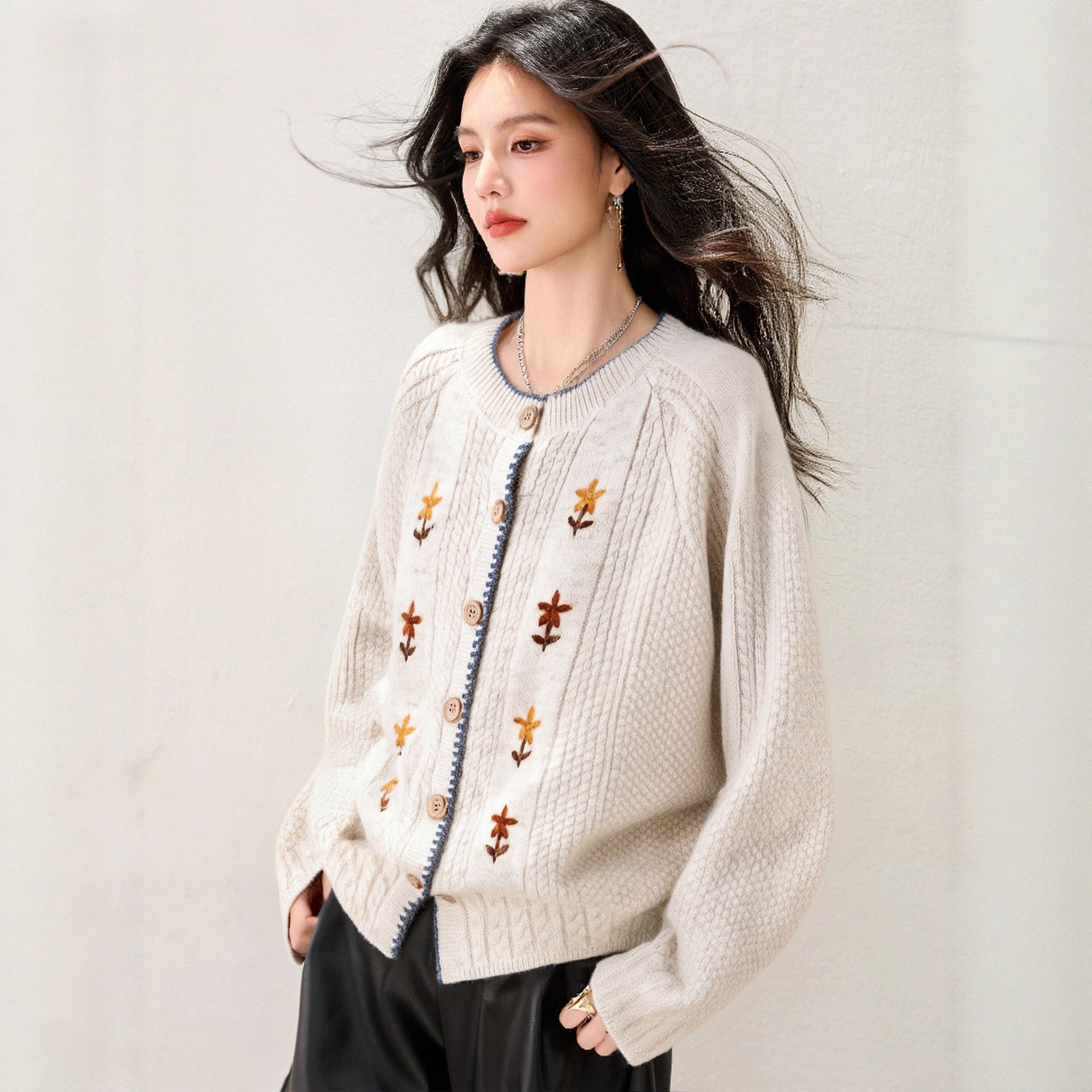 style soft and luxurious round neck floral embroidered cardigan sweater jacket for women, spring and autumn casual style outfit top