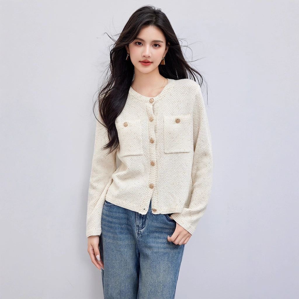 Chic Knit Cardigan Women Autumn New Vintage Round Neck High-Quality Short Sleeve Long Sleeve Outerwear Sweater