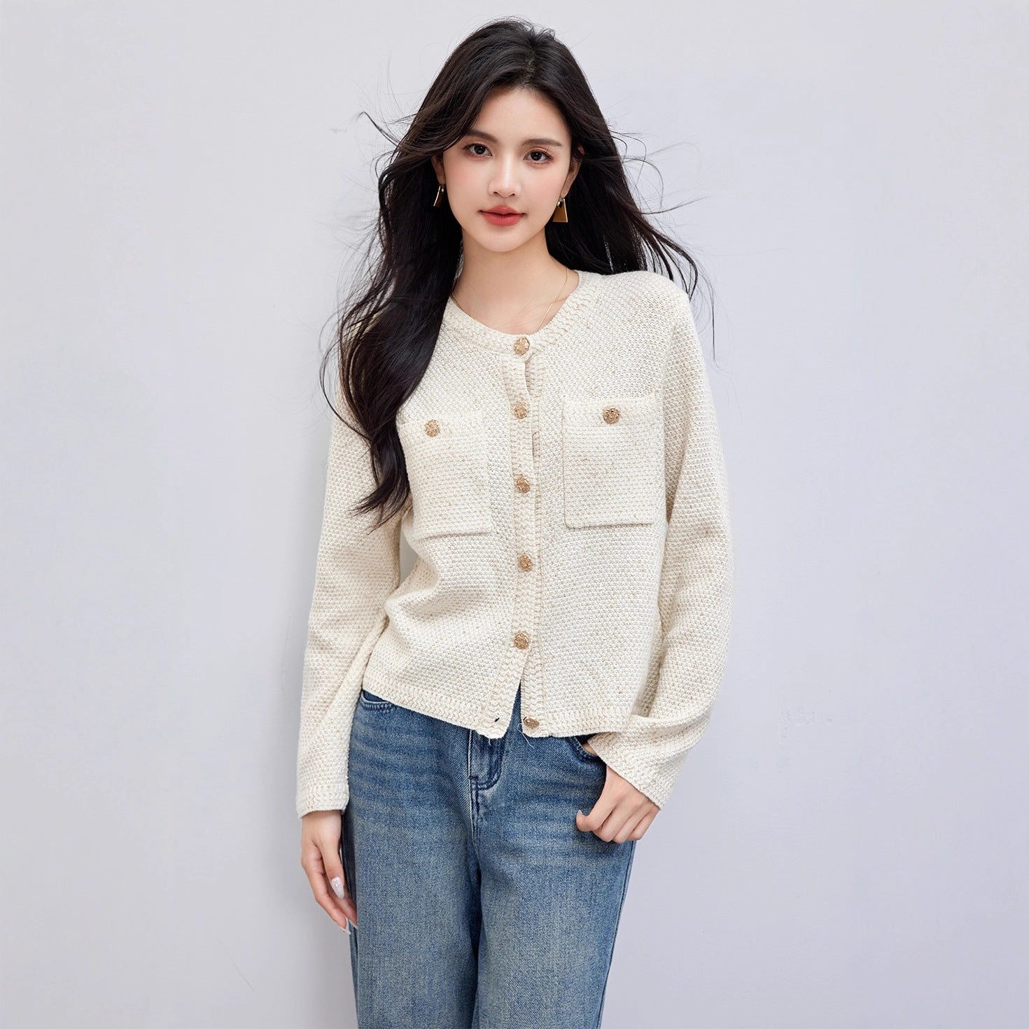Chic Knit Cardigan Women Autumn New Vintage Round Neck High-Quality Short Sleeve Long Sleeve Outerwear Sweater