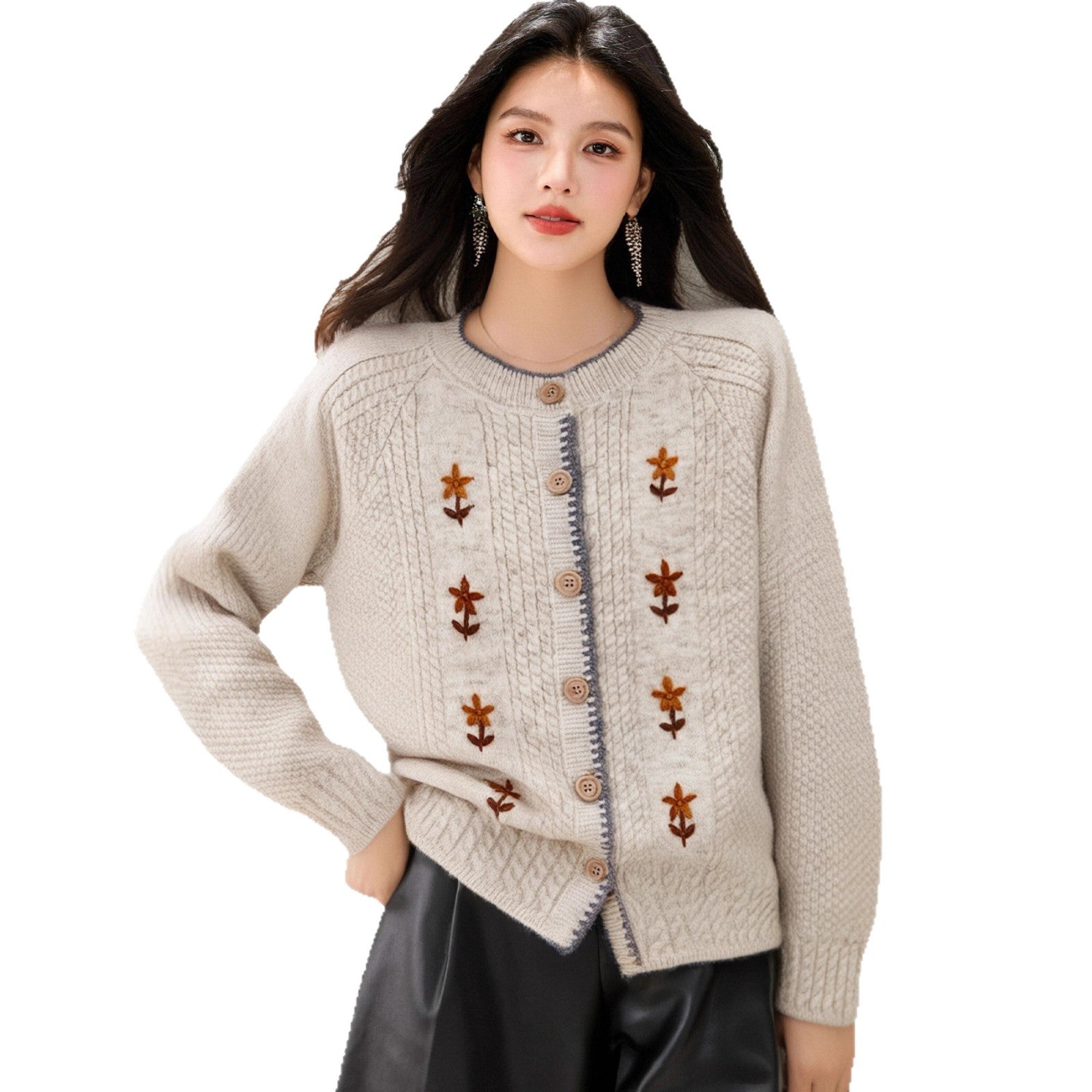 style soft and luxurious round neck floral embroidered cardigan sweater jacket for women, spring and autumn casual style outfit top
