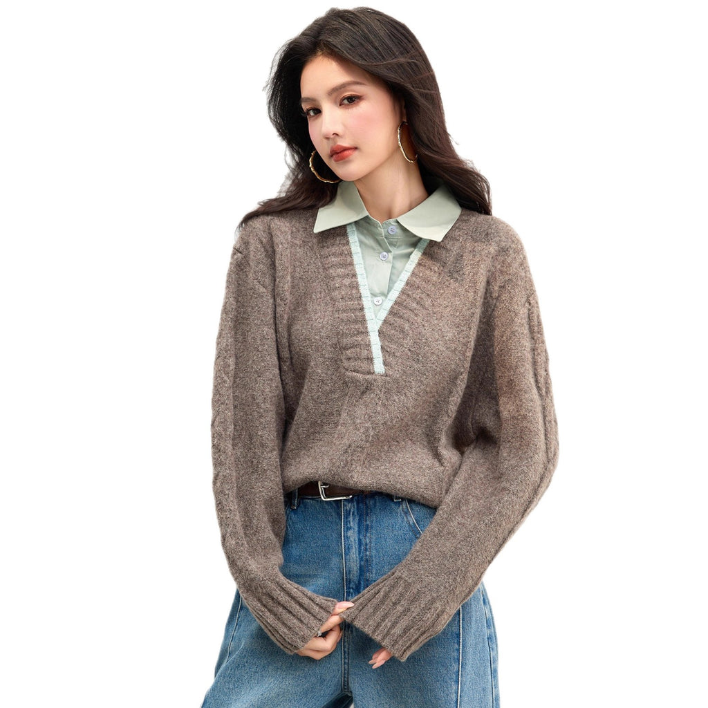 Faux Two-Piece Polo Neck Regular Shoulder Vintage Sweater Women's Knit Top