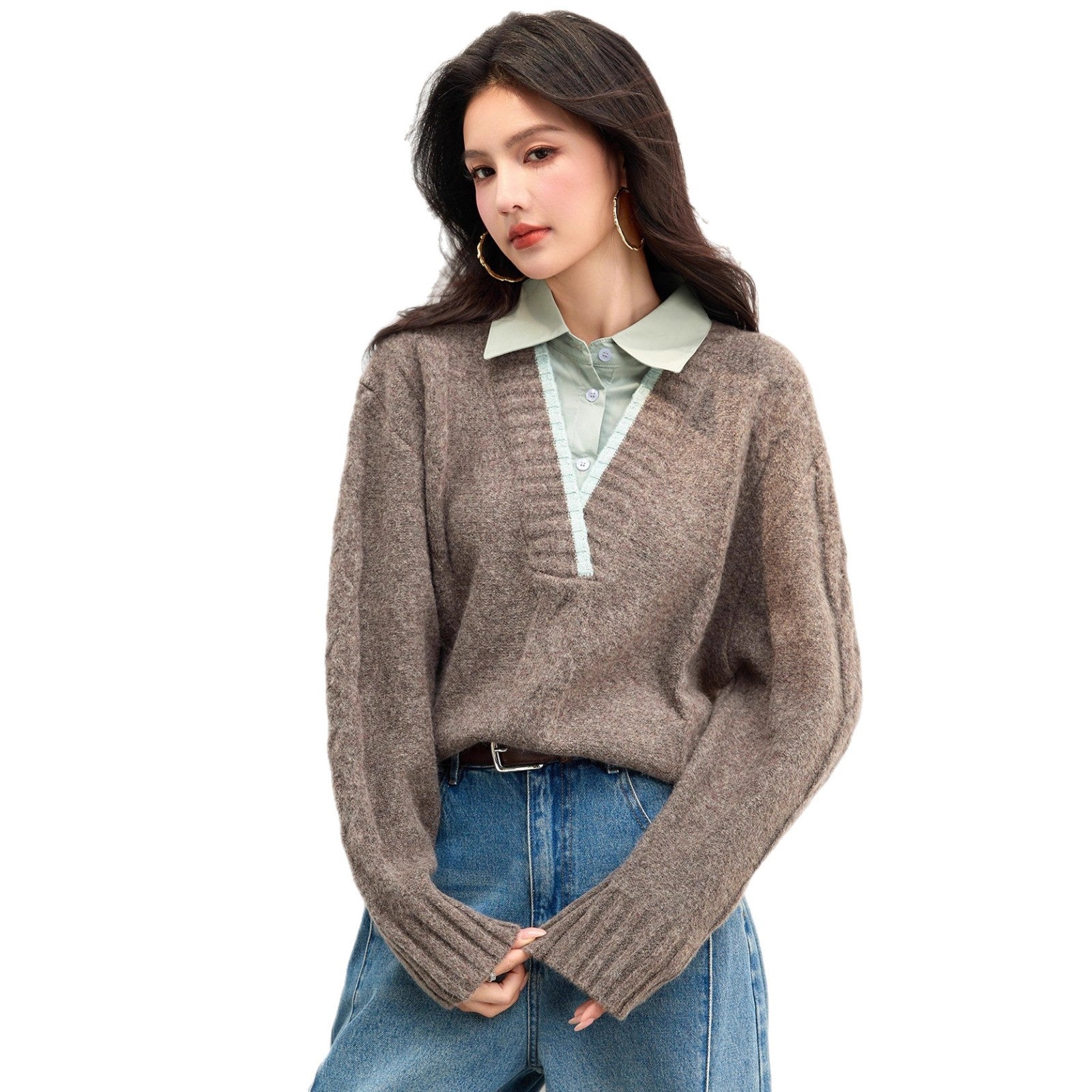 Faux Two-Piece Polo Neck Regular Shoulder Vintage Sweater Women's Knit Top