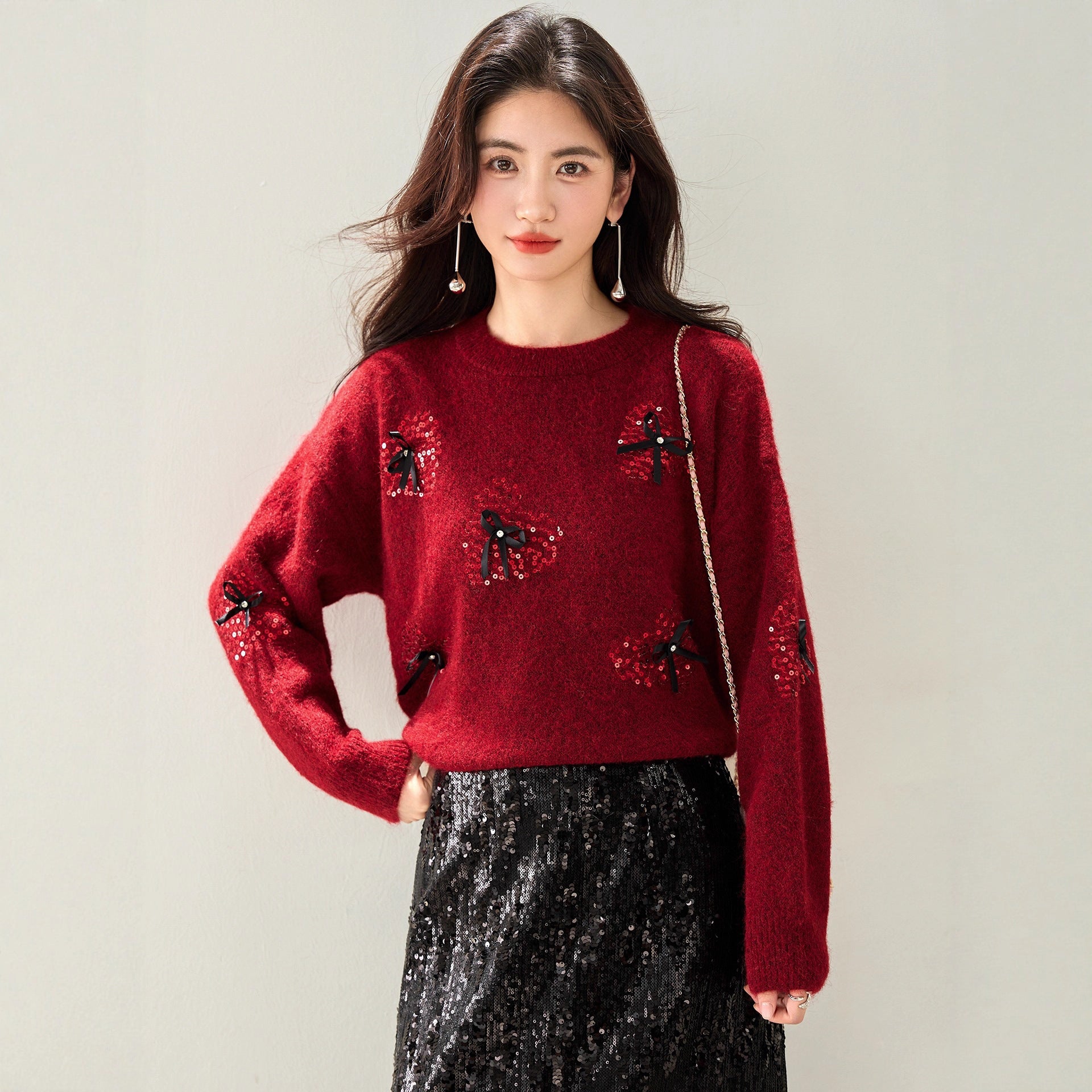 Chic Sequined Bow Christmas Red Sweater for Women, Knit Top, Autumn/Winter Fashion, Petite Style, Casual Wear