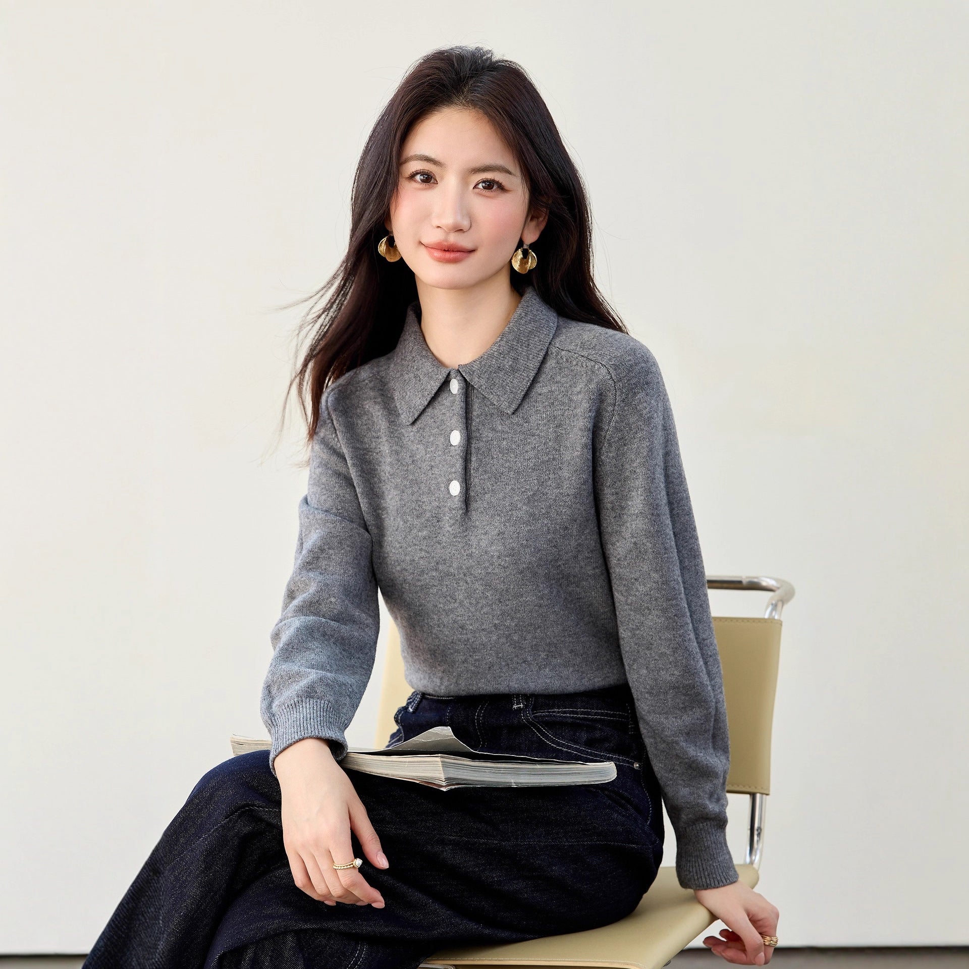 Style Early Autumn Knitwear Women's Polo Neck Thick Long Sleeve Sweater Short Crop Top for Petite Women